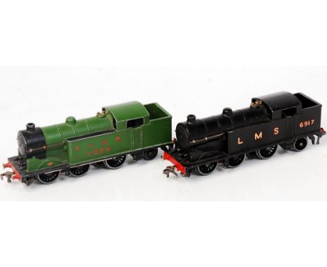 Post war Hornby Dublo 3-rail LNER green EDL7 tank engine(F) together with a similar LMS sans serif letters, black (G)