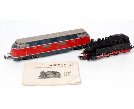 A Marklin 3-rail 3021.2 V200 diesel in DB red/grey (G), and a TM800 (3004) BR80 0-6-0T (G)