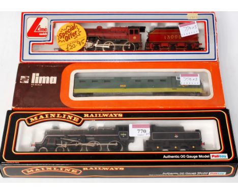 A Lime a LMS red 2-6-0 engine and tender (G-BG), a Deltic diesel locomotive 'Meld' (G-BG) and a Mainline BR standard class 4 