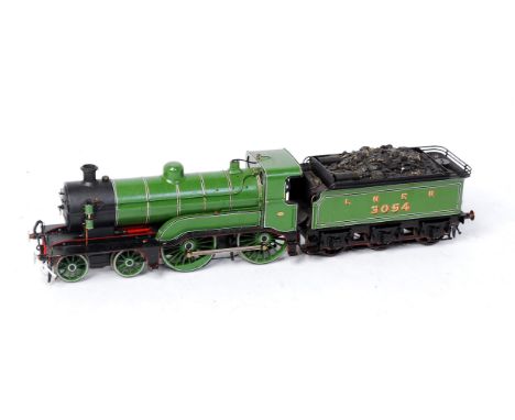 Ex Great Northern Railway 4-4-0 as Doncaster green LNER engine No. 3054 with connected 6 wheel tender with skate pickup, with