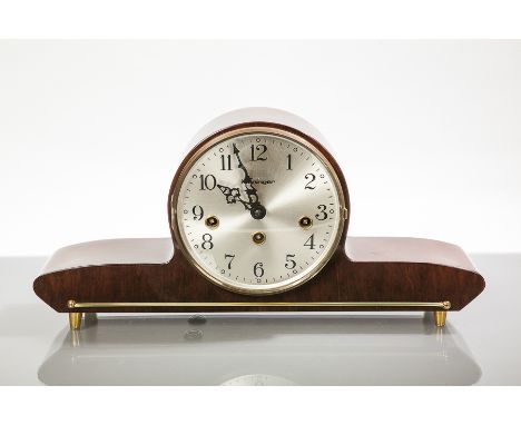 1950'S VINTAGE KLENINGER MAHOGANY MANTEL CLOCK
with silvered Arabic dial, the movement chiming on five gongs, on brass feet, 