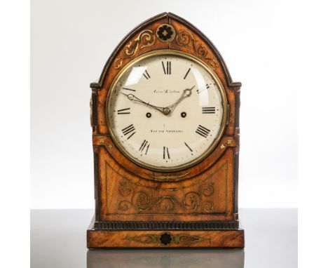 GEORGE IV BRASS INLAID MAHOGANY BRACKET CLOCK
maker George Kirton of South Shields, of lsancet form with enamel Roman dial, t