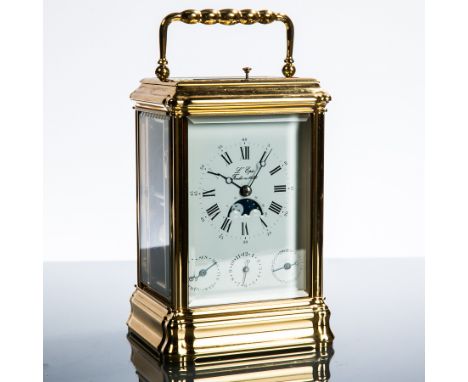 L'EPEE REPEATING BRASS CARRIAGE CLOCK 
with white enamel dial, Roman numerals with subsidiary seconds, subsidiary phases of t