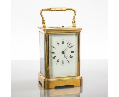 LATE 19TH CENTURY FRENCH BRASS DROCOURT REPEATING CARRIAGE CLOCK
with enamel Roman dial and blued steel moon hands, the movem