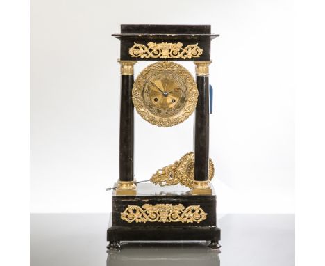 19TH CENTURY FRENCH PORTICO CLOCK
maker Le Roi, with brass dial with Roman dial, brass movement stamped 'Le Roi A Paris', fou