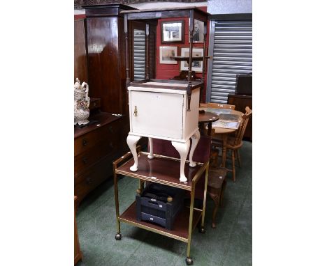 A reproduction nest of three tables; a reproduction coffee table; a painted bedside cabinet; an oak occasional table; a woode