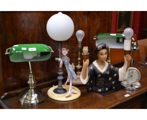 Lighting - a 1960's chalkware wall lamp modelled as an Oriental girl; a brass banker's desk lamp, another, brushed metal; oth