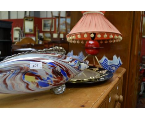 A large Murano glass multi-coloured fish, 55cm in length; a Sputnik style 1960's table lamp; a mid-century wall mirror, black