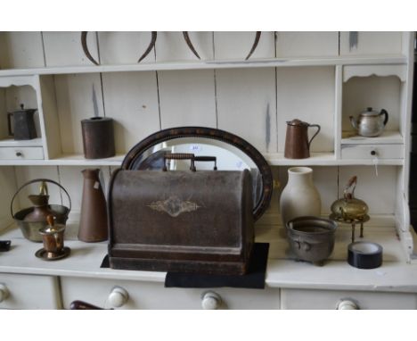 A Singer manual sewing machine, cased; an oval wall mirror; a Victorian print with apple wood glazed frame; copper and brassw