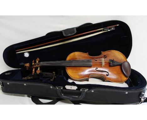 Small viola (40.5cm back 65cm total) bearing "Stradivarius Copy" label&nbsp; in Hidersine case with R Hoyer bow