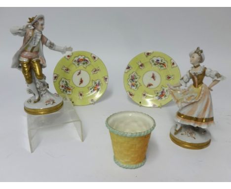 Worcester, Royal China Works, small porcelain basket vase, a pair of reproduction bird plates also a pair of German porcelain