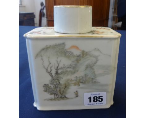 A 19th Century Chinese tea caddy with panels of decorated with landscapes and side panels of script text with circular cover,