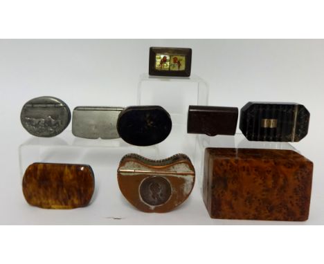 A collection of various snuff boxes including Georgian tortoise shell and silver? inlaid snuff box (75mm x 45mm) etc (9).