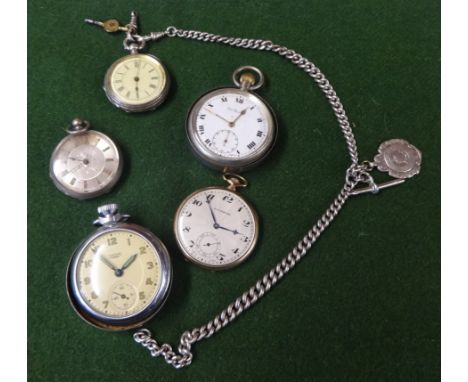 Five pocket watches including antique silver fob watch with silver guard chain, silver open face key wind fob watch, Smiths o