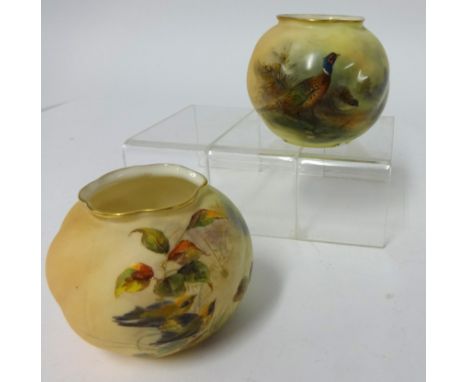 Royal Worcester posy vase G161 decorated with pheasants, signed Jas Stinton and another decorated with birds and spider webb 