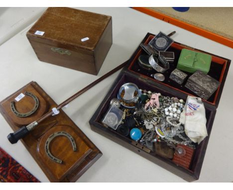 A box of various costume jewellery, sundry objects also a horse shoe mounted book slide, a swagger stick and wood sewing box.