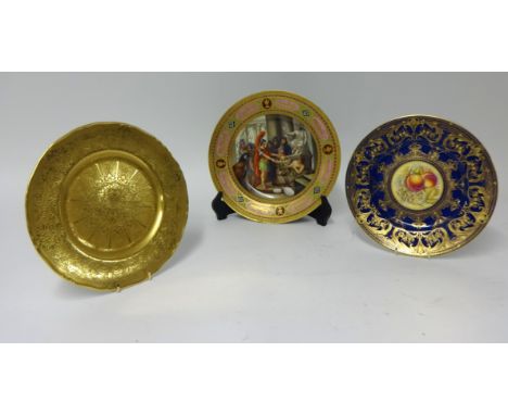 Three porcelain cabinet plates including Royal Worcester bone china gilt plate, Vienna decorated plate 'Gottern' (faults), di