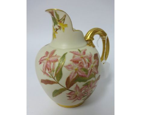 Royal Worcester, ivory porcelain jug decorated with gilt wild flowers, flat back, model 1094, height 19cm.