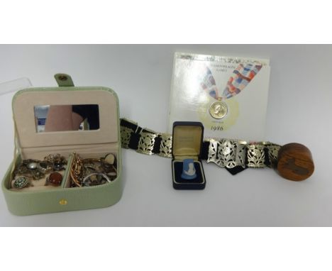 Various items including silver plated ornate belt, Wedgwood thimble, case of various costume jewellery including some silver,