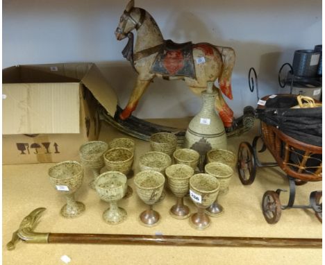 Miniature rocking horse, Tremar style pottery, dolls, walking stick