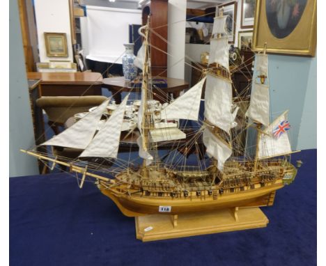 Scale model of HMS Pandora fully rigged over detailed deck and open gun ports, length 80cm, height 60cm.