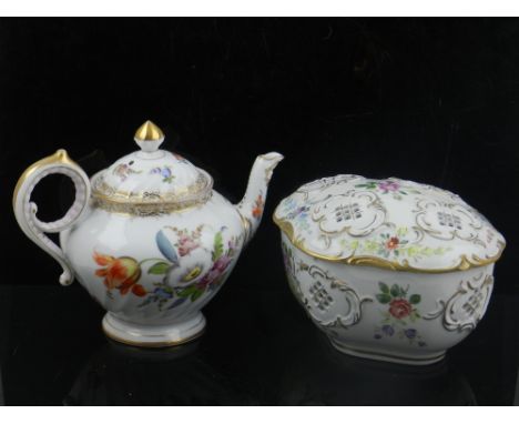 A Dresden porcelain teapot, gilt edged, decorated with sprays of flowers, bears Dresden mark to base 248/2, together with a C