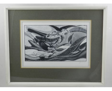 A contemporary lithograph of stylised ducks and fishes, signed lower left. H: 18cm W: 26cm
