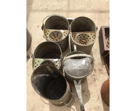 THREE VINTAGE GALVANISED MOP BUCKETS, A WATERING CAN AND A COAL SCUTTLE 