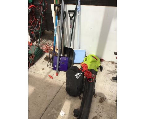 A GARDEN VAC AND ASSORTED GARDEN TOOLS 