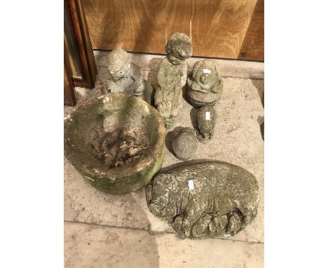 SEVEN VARIOUS GARDEN ORNAMENTS TO INCLUDE A PIG WITH PIGLETS, A PIG IN A BARREL, A PLANTER, BOY ETC 