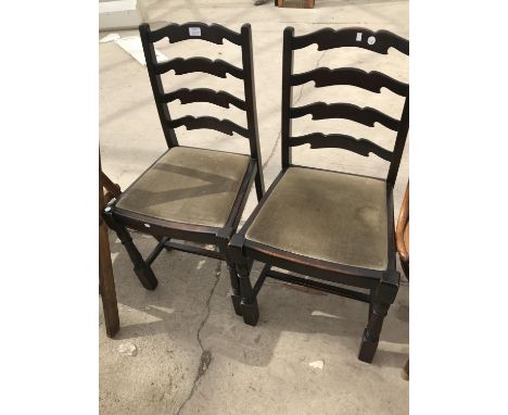 TWO OAK LADDER BACK DINING CHAIRS, A BENTWOOD ARMCHAIR, A LEATHER FOOTSTOOL AND A PINE DINING CHAIR 