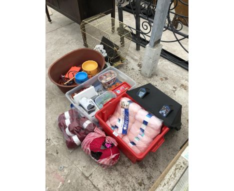 VARIOUS KNITTING WOOL, DOG BED, CAGE ETC 