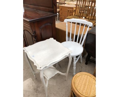 A WHITE PAINTED FRENCH CHAIR TOGETHER WITH A PAINTED SIDE TABLE WITH LOWER SHELF 