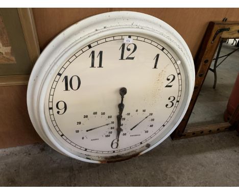 A LARGE ROUND WHITE METAL WALL CLOCK WITH TEMPERATURE GAUGE 