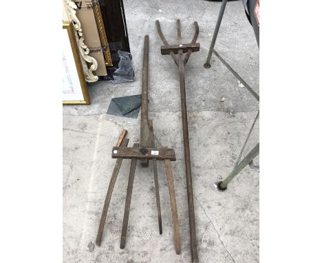TWO VINTAGE WOODEN HAY FORKS 