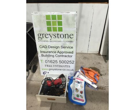 AN A FRAME SIGN, AN ANGLE GRINDER AND DRILL, LEAPPAD ETC 