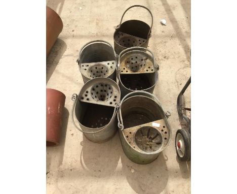 FIVE VINTAGE GALVANISED MOP BUCKETS 