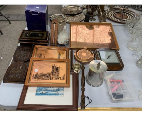 A MIXED COLLECTION OF FRAMED WALL HANGINGS/ PICTURES , VINTAGE BOX ETC 
