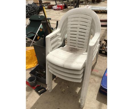 FOUR WHITE PLASTIC STACKING CHAIRS AND TABLE, A LIDDED GALVANISED BIN, GARDEN TOOLS ETC 