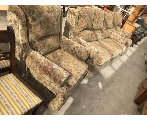 A PATTERNED THREE SEATER SOFA, ELECTRIC RECLINING ARMCHAIRS AND FURTHER ARMCHAIR 