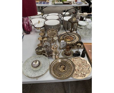 A COLLECTION OF PLATES, EPNS CUPS , CLOCK ETC 