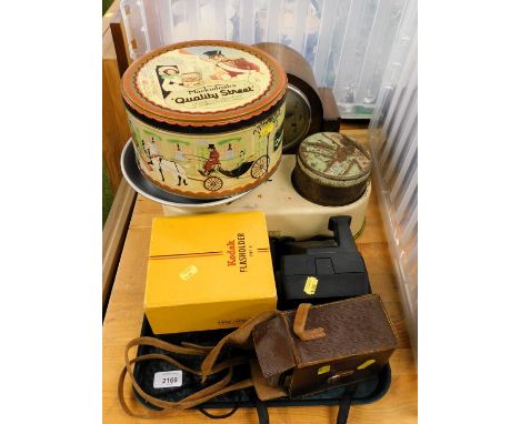 Various camera equipment, a set of scales, a Smiths Enfield mantel clock, etc. ( 1 tray and loose).