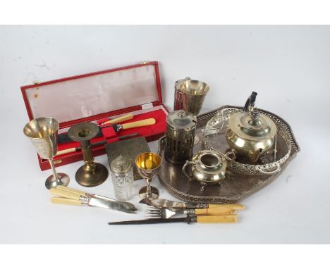 Silver plated ware to include tea tray, teapot, goblets, preserve pots, cased sets etc. (qty)