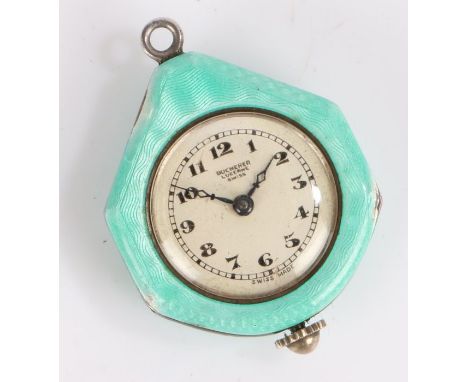 Bucherer Lucerne Swiss enamel pendant watch, the signed white enamel dial with Arabic numerals, the green enamel case with ma