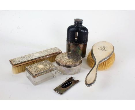 Edwardian silver hair brush, London 1906, together with two glass dressing table jars with silver plated lids and a matching 