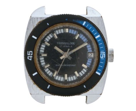 Transglobe 17 jewels Shock Resistant gentleman's stainless steel wristwatch, the signed black dial with baton markers, date a