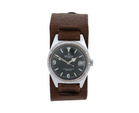 Services 21 Jewels Shock and Water Resistant gentleman's stainless steel wristwatch, the signed black dial with Arabic, trian