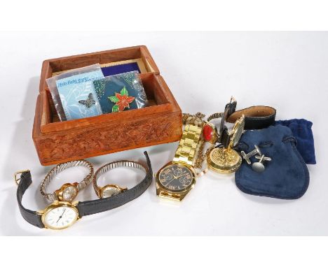 Collection of wristwatches to include a bi metal rotary wristwatch Arabic numerals on a silvered dial together with yellow me