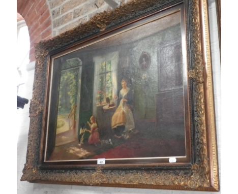 E Horst: An early 20th century oil on canvas interior view of a woman sewing and a young girl playing with a dog