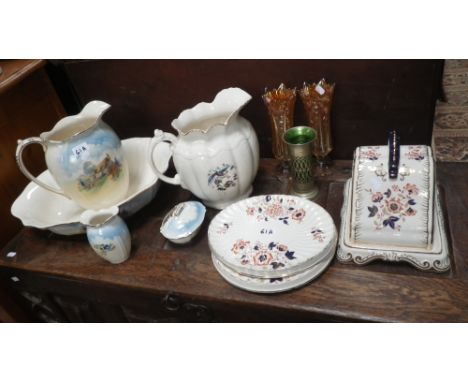 A Victorian cheese dish , two similar bread plates, a 1920s jug and bowl set and similar items